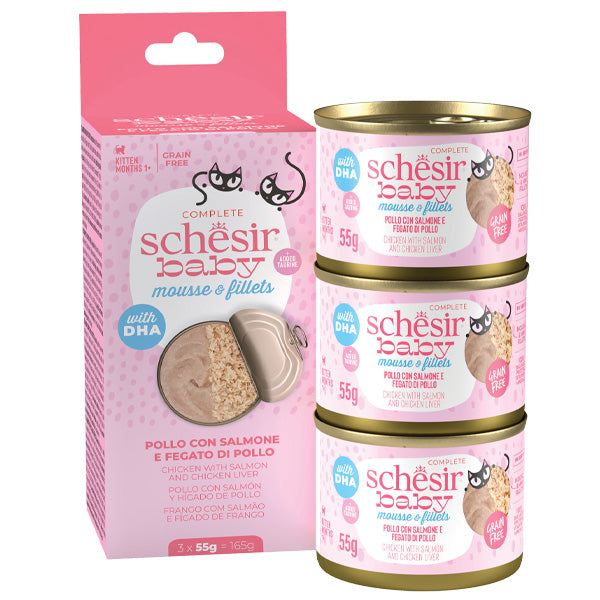 Baby Mousse e Filetti in Brodo Pollo e Salmone per Kitten